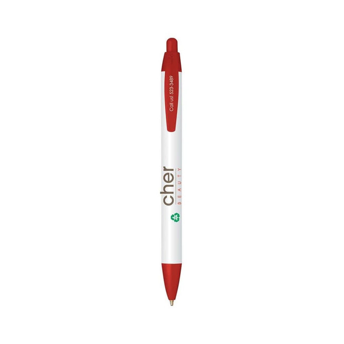 A red and white Eco Widebody Pen featuring a logo, designed for writing.