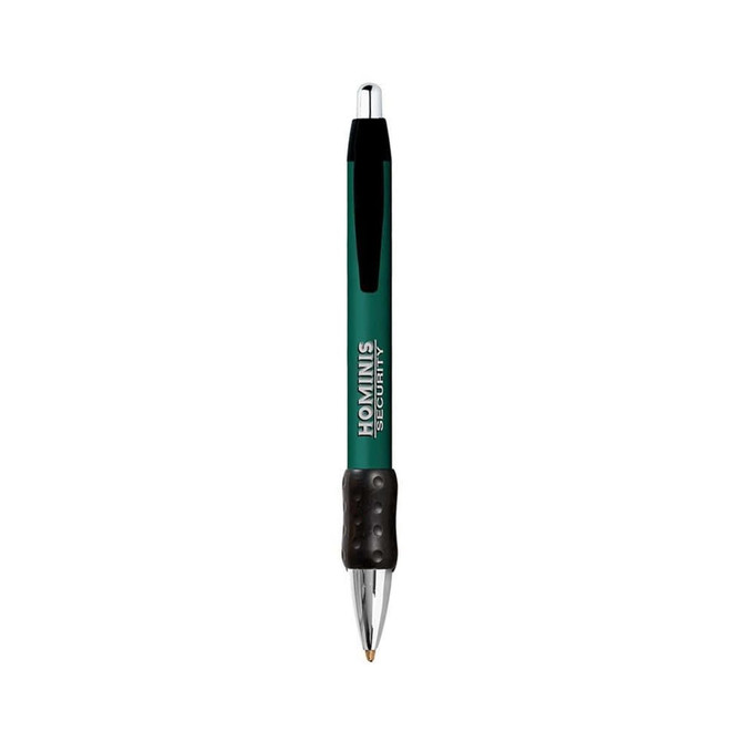 A green metal pen featuring a chrome grip and a black textured grip section, with branding on the barrel.