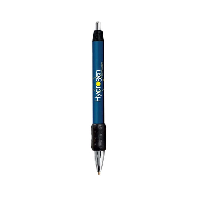 A metal pen with a wide body and chrome grip, featuring a blue barrel and black rubber grip. It includes a logo.