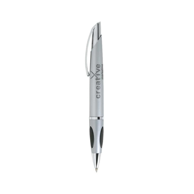 A silver pen featuring a sleek design with a black grip and a logo on the barrel.