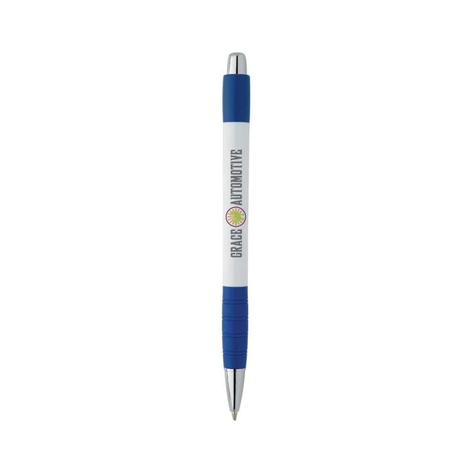 A white pen with a blue grip and silver accents, featuring a logo on the barrel.