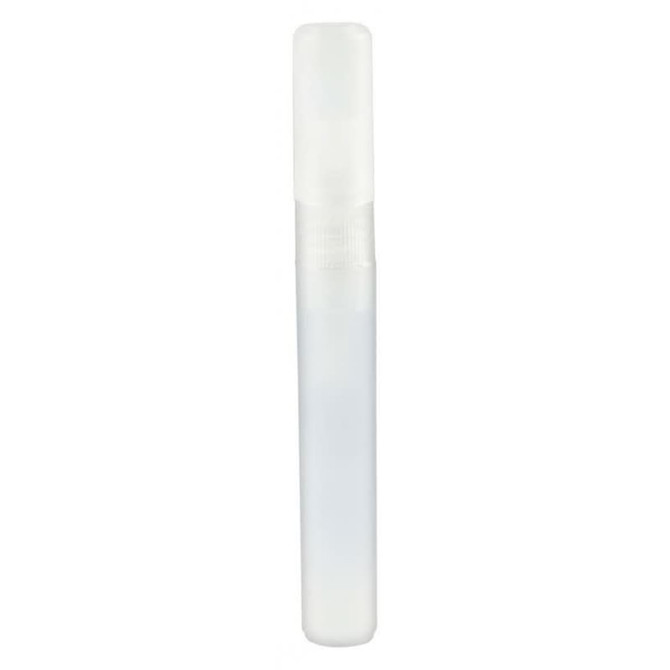 A clear, 10ml sanitiser spray bottle with a white spray nozzle and a smooth surface. It features branding on the bottle.