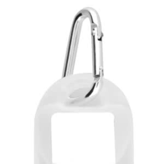 A clear 30mL hand sanitiser bottle with a silver carabiner clip attached.