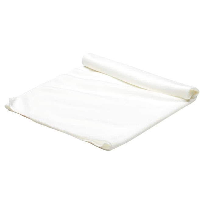 A white cooling towel rolled partially, featuring a textured fabric suitable for leisure and outdoor activities.