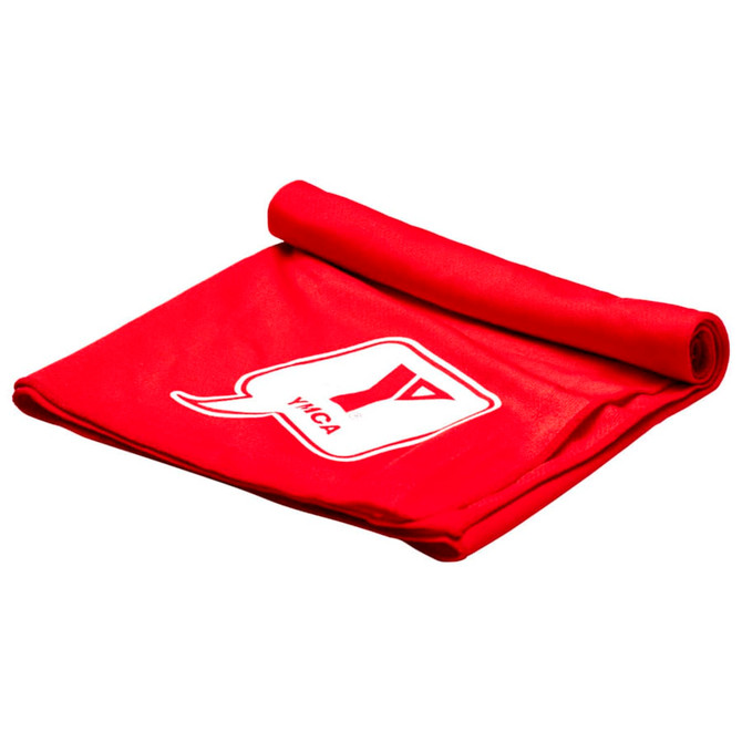 A red cooling towel, rolled and laid flat, featuring a logo. Ideal for leisure and outdoor activities.