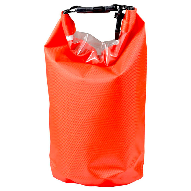 An orange 2.5L dry bag with a clear top and a secure closure, featuring a strap and a logo.