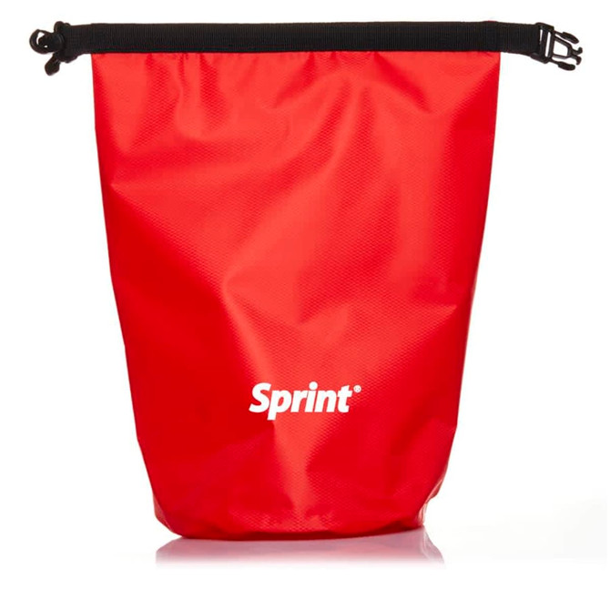 A red dry bag with a black strap, featuring a logo on the front.