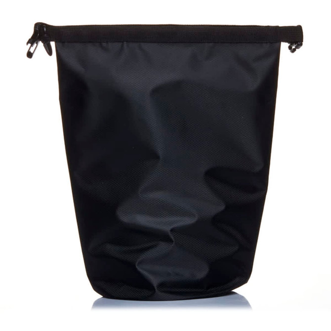 A black 5L dry bag with a fold-over top and a securing clip, featuring a textured surface and branding.