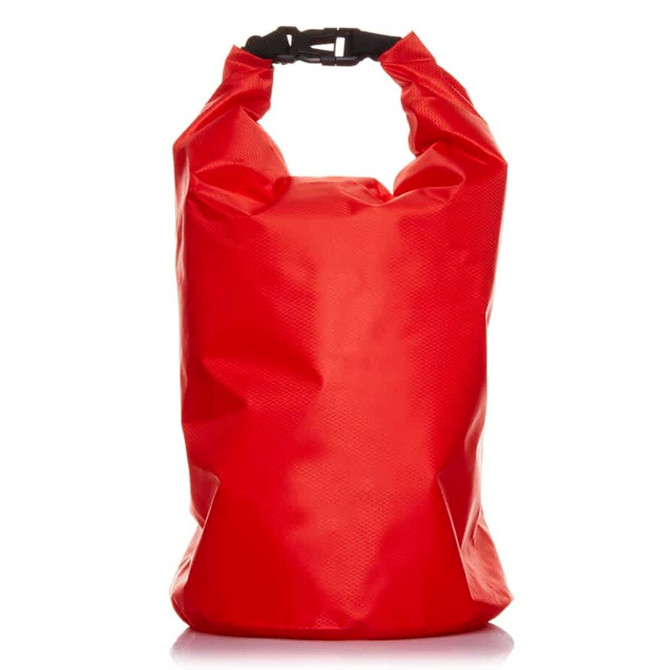 A bright red 10L dry bag with a sturdy clasp at the top, featuring a textured surface and a logo.