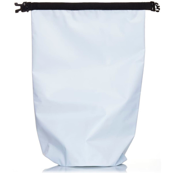 A 10L dry bag in light blue, featuring a black zip closure and branding on the front.