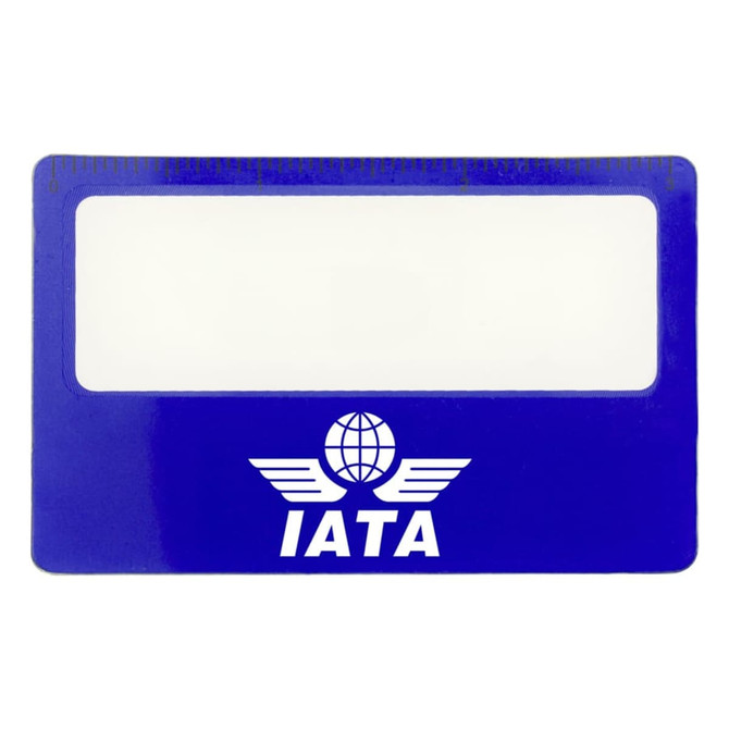 A blue pocket ruler magnifier with a clear viewing area and a logo at the bottom.