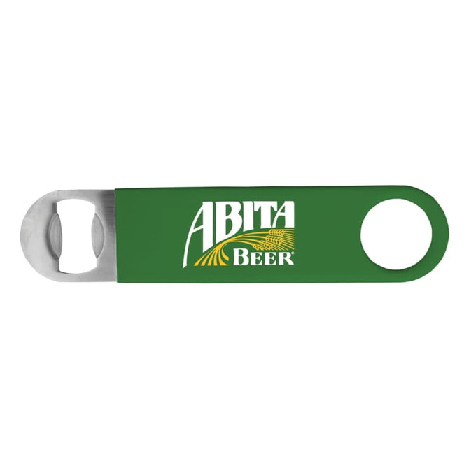 A green bottle opener with a stainless steel cap lifter and a logo printed on its handle.