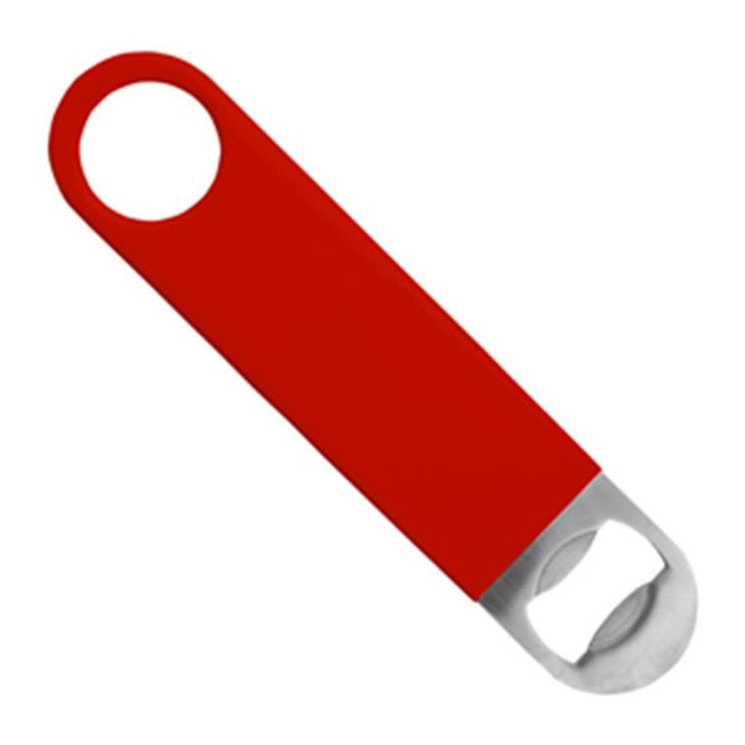 A drink bottle opener with a red handle and stainless steel end, featuring a logo.