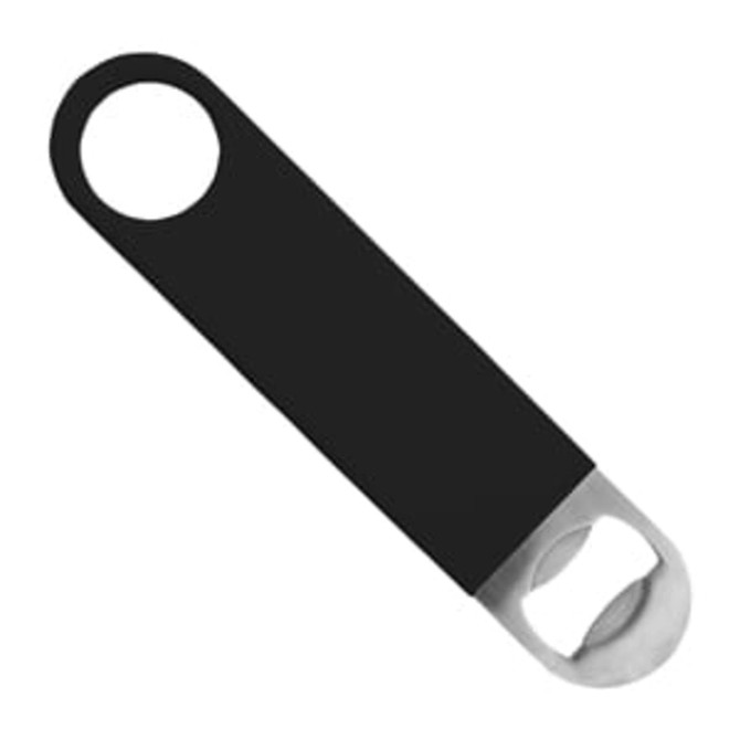 A drink bottle opener featuring a sleek black handle and a stainless steel opening mechanism. It includes a logo.