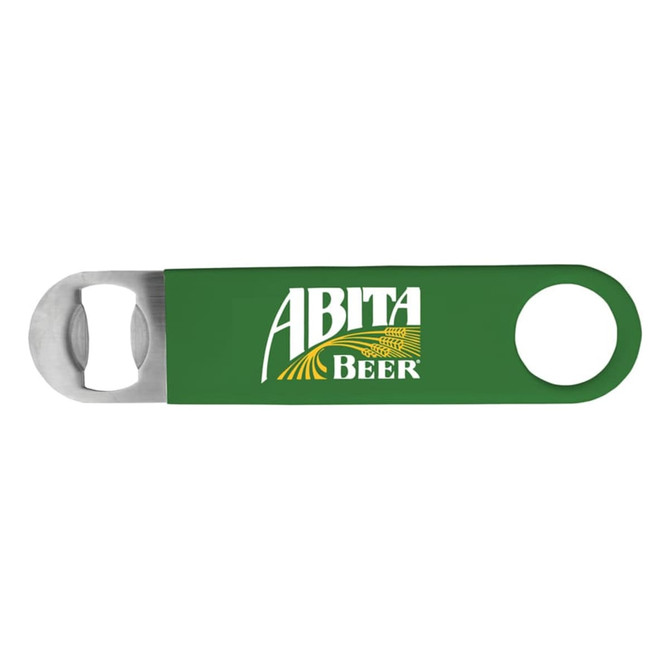 A green bottle opener with a metal cap lifter and a logo on the handle.