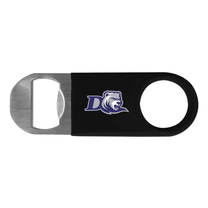 A drink bottle opener in black vinyl with a stainless steel end and a logo on one side.