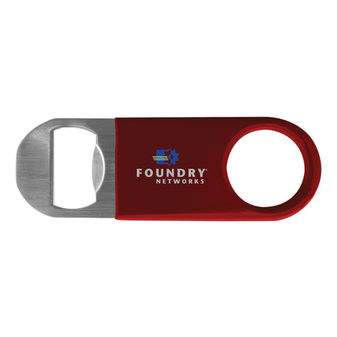 A drink bottle opener in red vinyl with a metal opener, featuring a logo on its side.