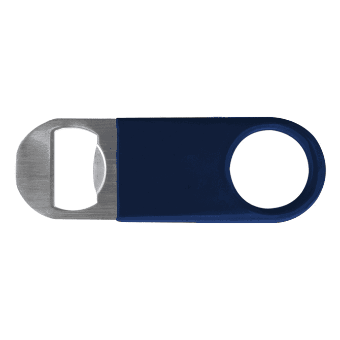 A drink bottle opener featuring a navy blue vinyl handle with a stainless steel opener and a circular ring.