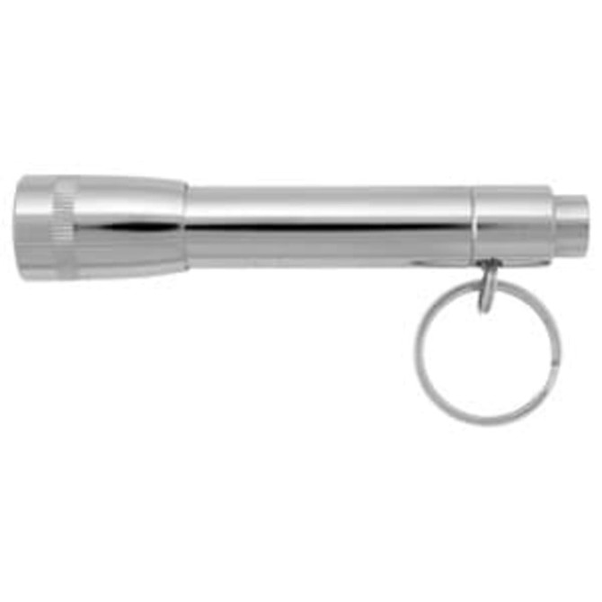 A silver flashlight with a keyring attachment, featuring a sleek and cylindrical design.