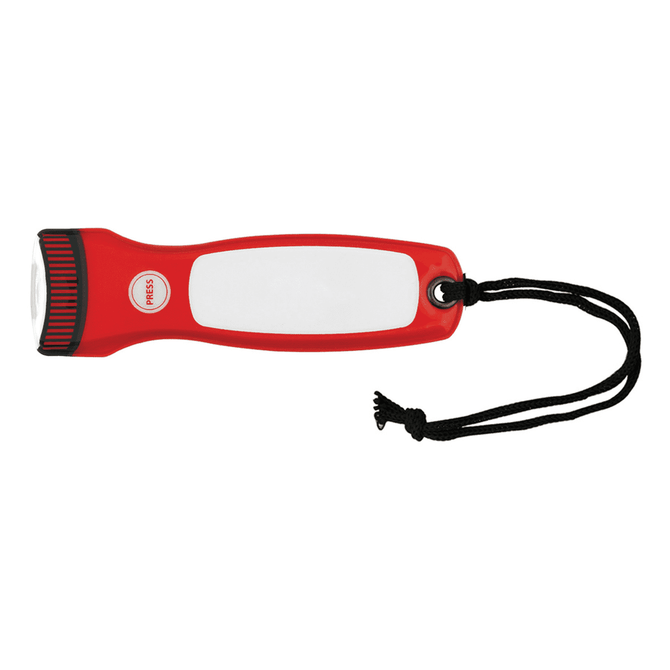 A red flashlight with a white panel and a wrist strap. It features a logo on the body.
