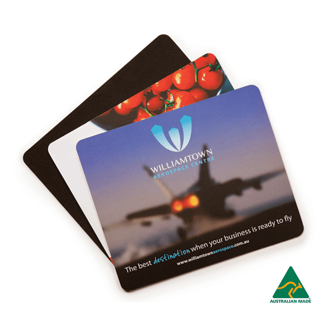 A set of three mouse mats featuring various images and a logo, with colours including black and vibrant imagery.