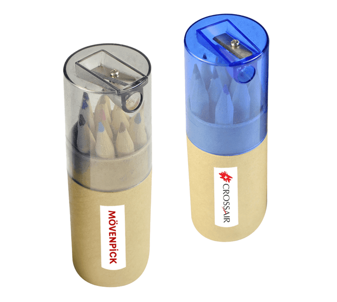 A pencil set in a two-tone container, featuring coloured pencils and sharpeners, with logos on the sides.