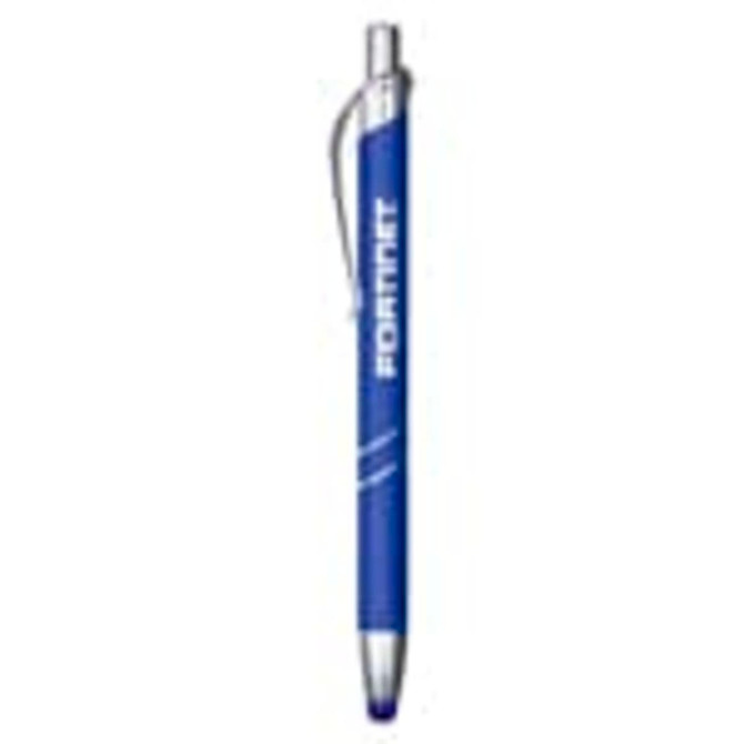 A blue metal pen with silver accents and a clip, featuring a branding logo.