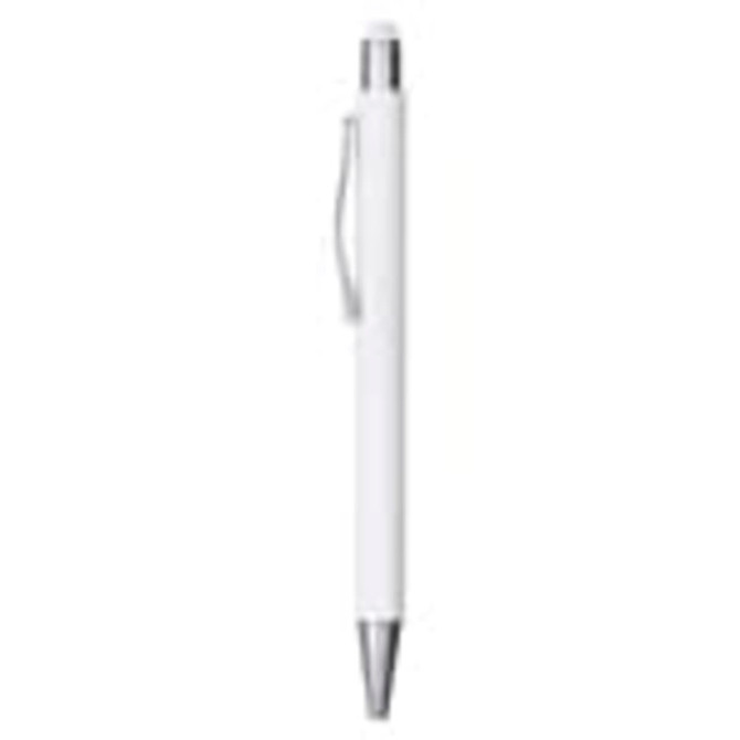 A white metal pen with a silver clip and tip, featuring a branding logo.