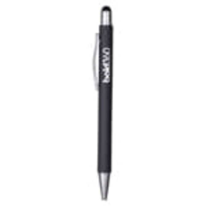 A sleek black metal pen with a shiny silver tip and clip, featuring a logo on the barrel.