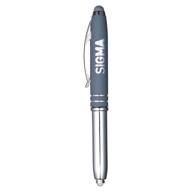 A grey stylus pen with a chrome clip and accents, featuring a logo on the barrel.