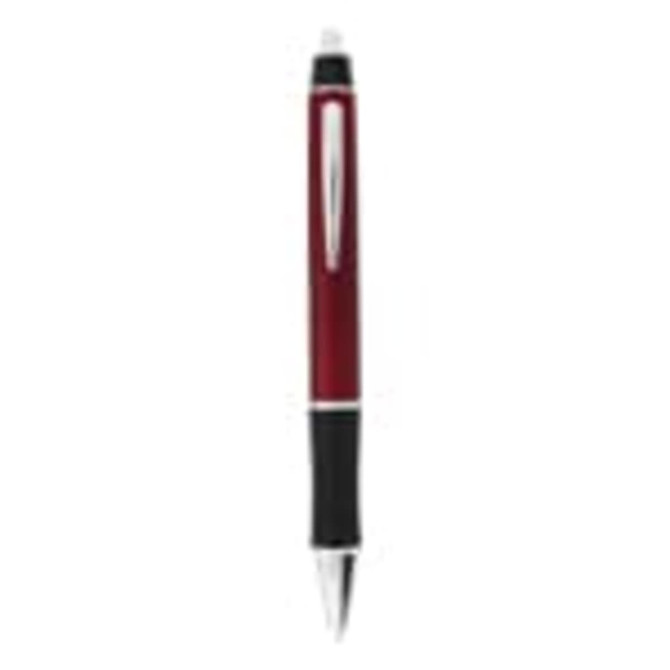 A plastic pen in red with a black grip and a silver clip, featuring a logo on its barrel.