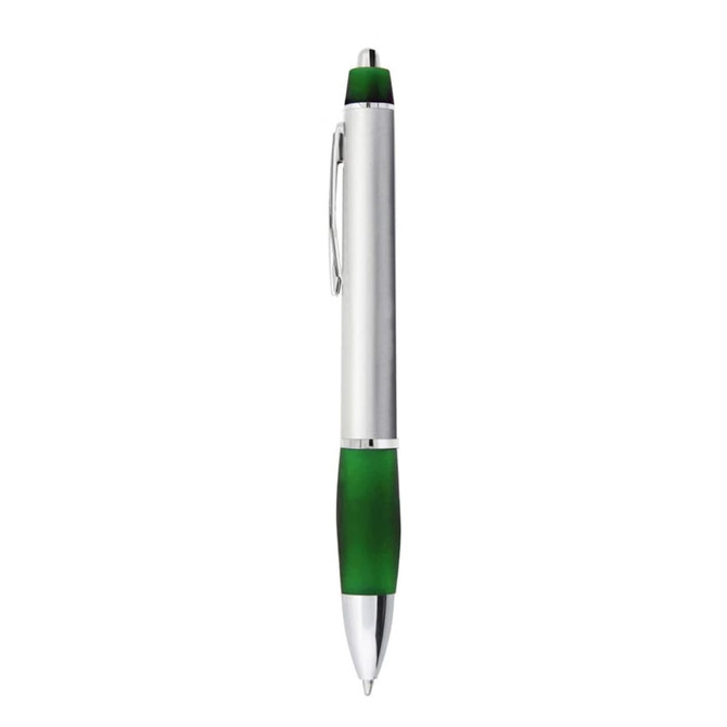 A metal pen featuring a silver barrel and green grip, with a clip and branding on the side.