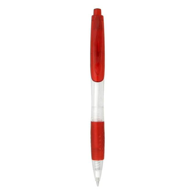 A plastic pen with a transparent barrel and a red grip and top. It has a logo on its side.