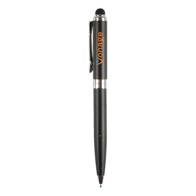 A black stylus pen with a shiny silver clip and branding on the barrel.
