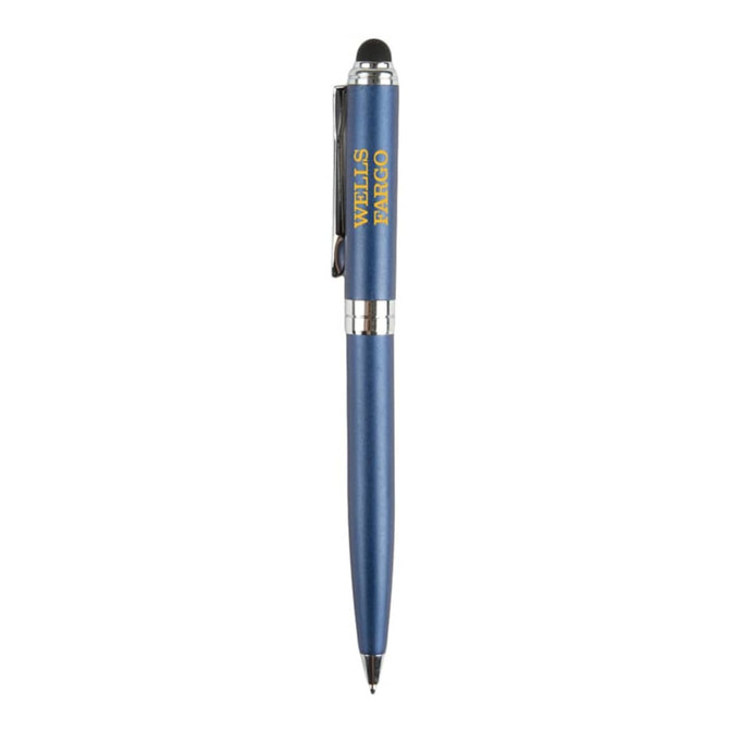 A blue stylus pen with a metallic finish and a clip, featuring a branding logo.