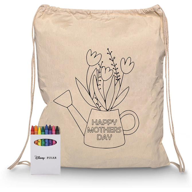 A beige drawstring bag featuring a watering can and flowers design, alongside a crayon set in various colours.
