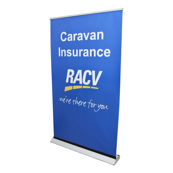 A blue roll-up banner featuring text and a logo, promoting Caravan Insurance with a sleek silver base.