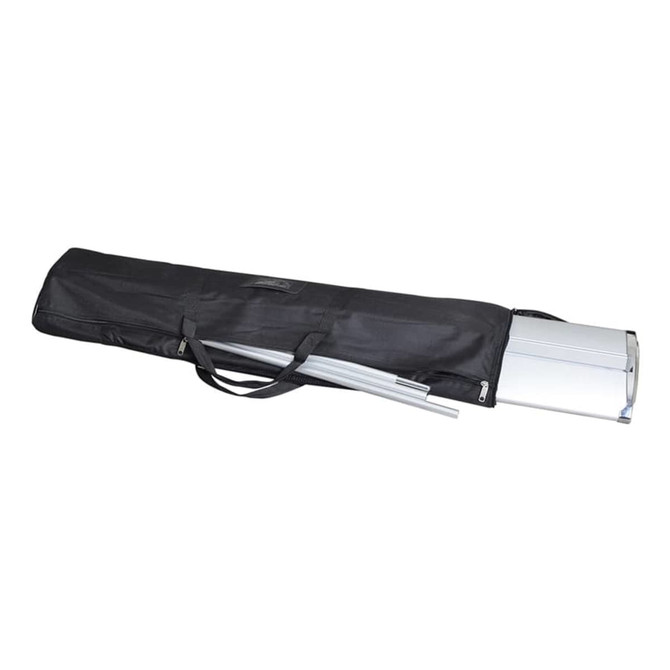 A black carry bag containing a silver roll-up banner and metal poles, all neatly bundled for transport.
