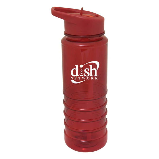 A drink bottle in red Tritan material with a screw-on lid and a logo.
