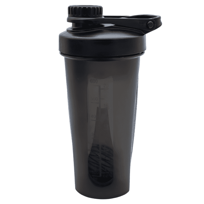A drink bottle featuring a black shaker cup with a measuring scale and a flip-top lid. It includes a logo.