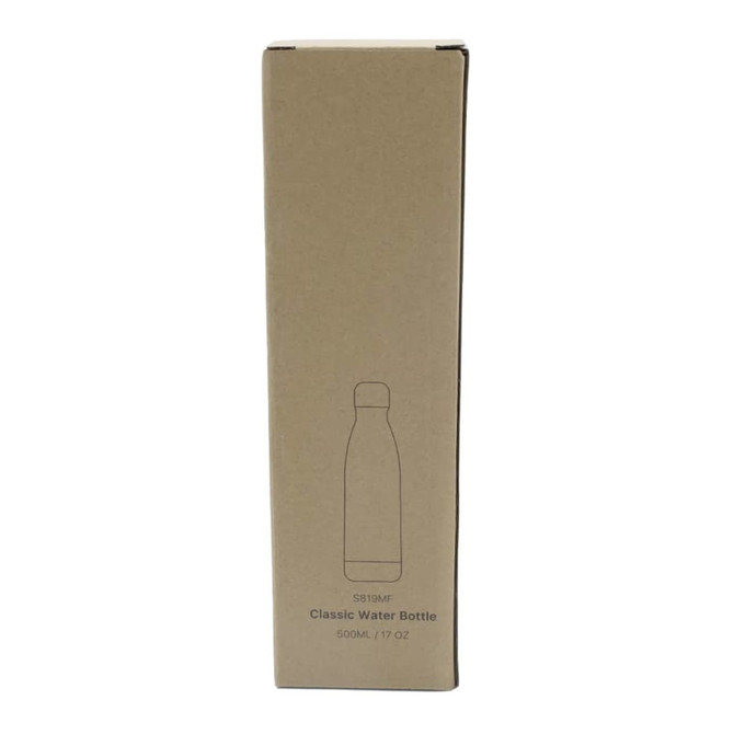 A drink bottle in a kraft box, featuring a minimalistic design and an outline of the bottle.