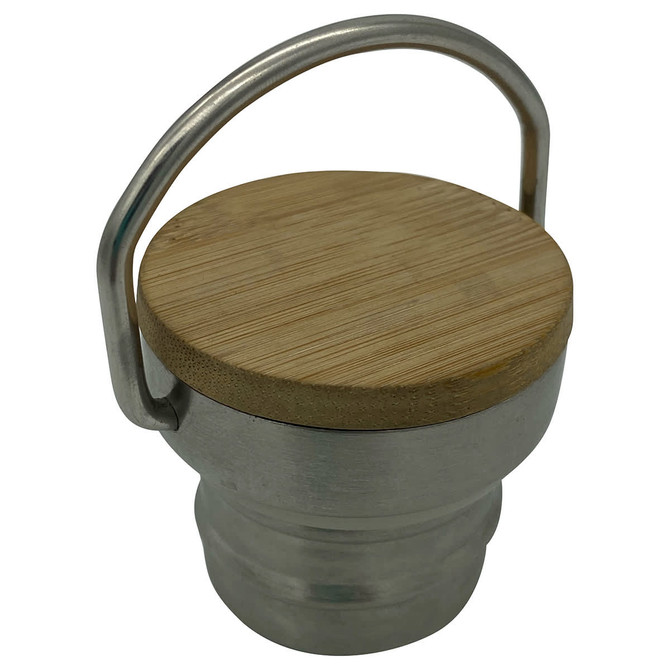 A drink bottle cap featuring a bamboo top and a metallic base, with a carry handle for convenience.