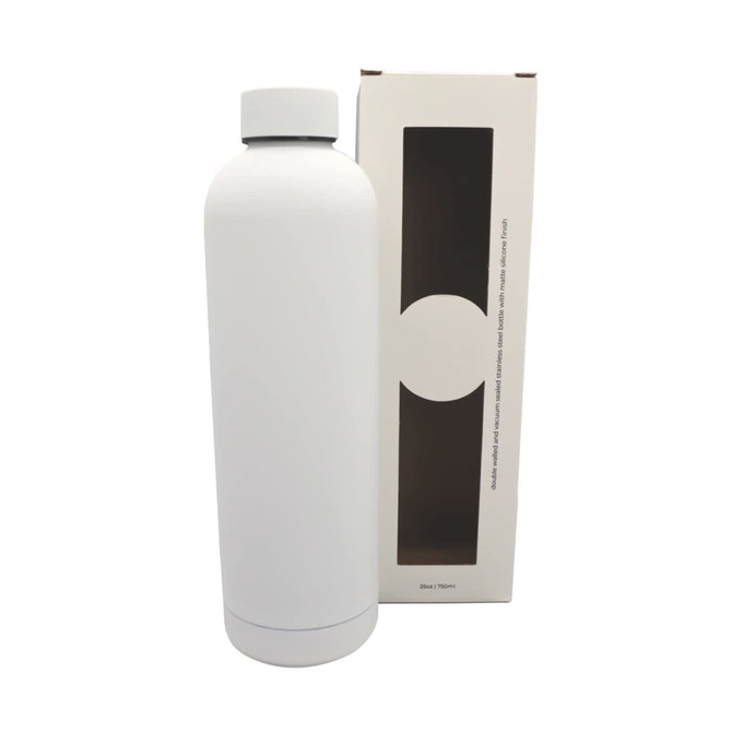 A drink bottle with a sleek white design, accompanied by a minimalistic box, featuring a logo on the bottle.