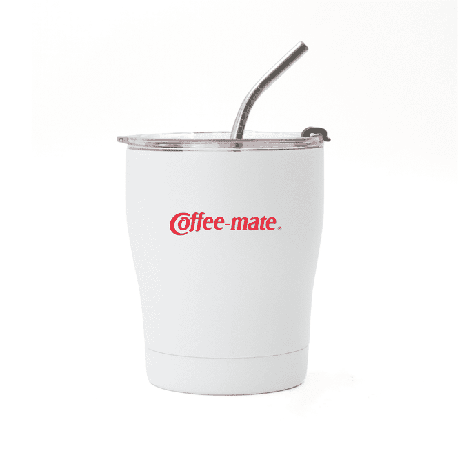 A drink bottle with a white exterior, featuring a clear lid and straw, and has a logo on its side.