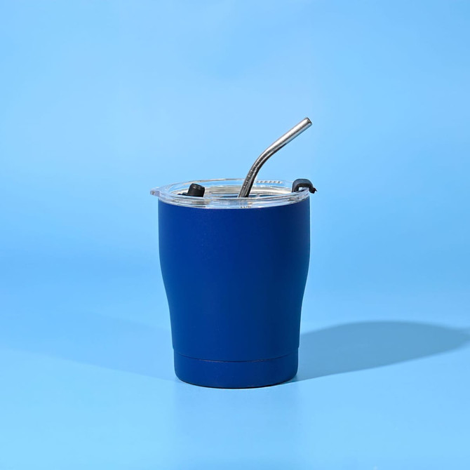 A drink bottle featuring a blue exterior, with a removable lid and metal straw, designed for travel use.