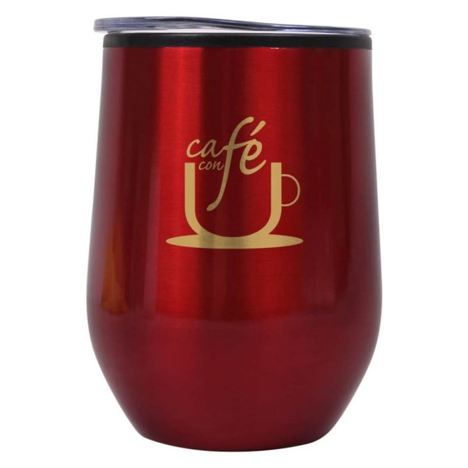 A drink bottle in a shiny red finish with a silver lid and a logo design.