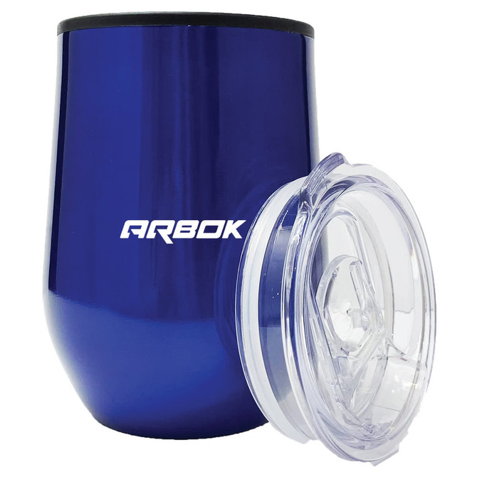 A drink bottle in shiny blue with a clear lid and a logo on the side.