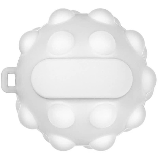 A white stress ball shaped like a rounded popper with raised dots and a flat area for branding.