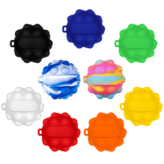 A collection of "Popper Balls" in various colours: black, blue, green, white, pink, orange, red, and yellow, featuring a logo.