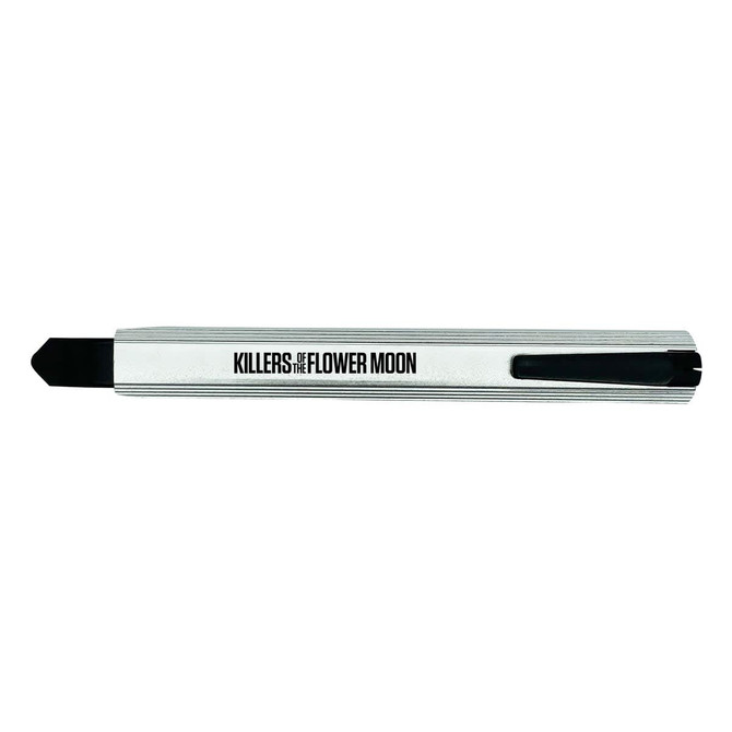 A slimline retractable box cutter in silver with a black blade and a clip. It features a logo on the side.